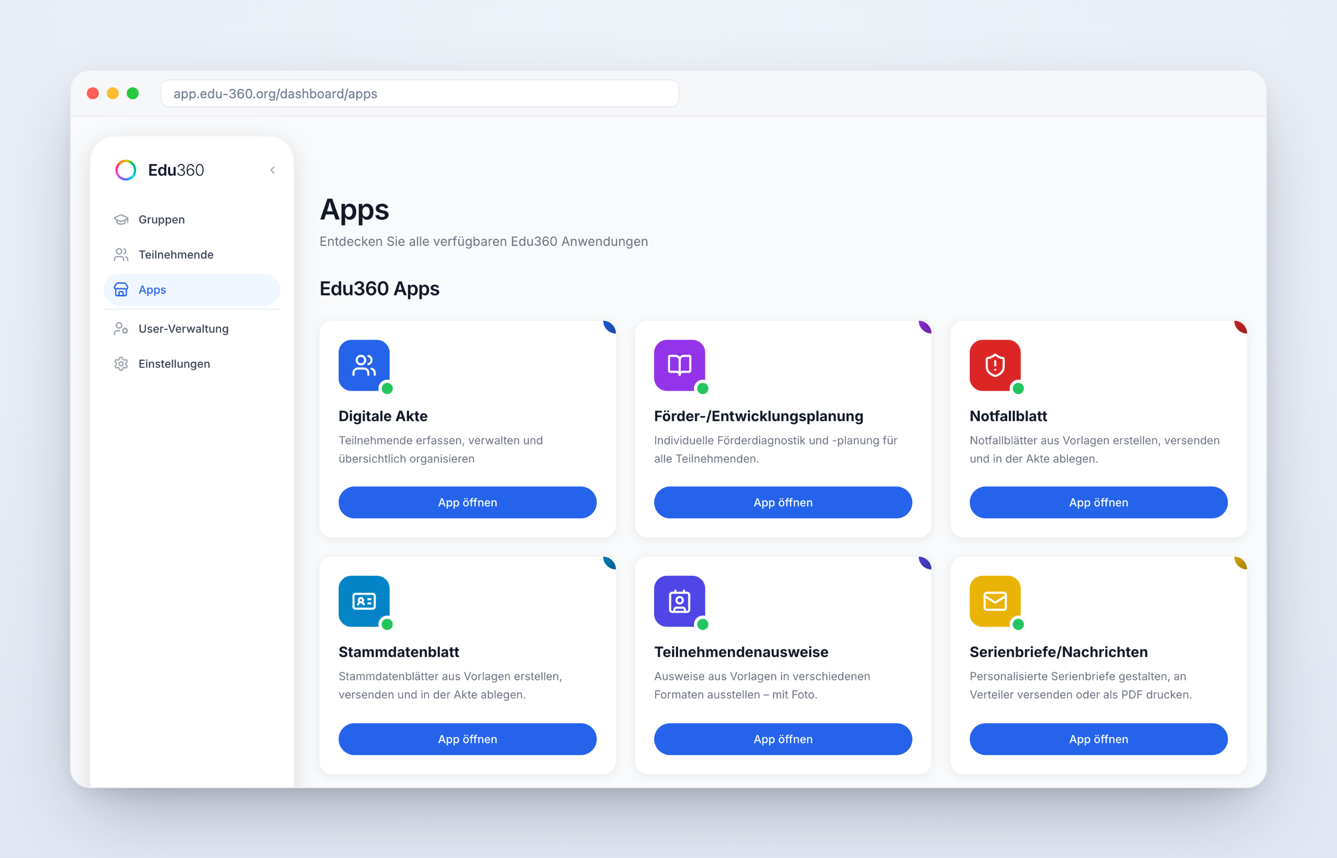 App-Übersicht im Edu360-Dashboard